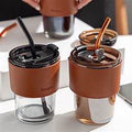 Glass Coffee Mug Leather Strap with White Glass Straw