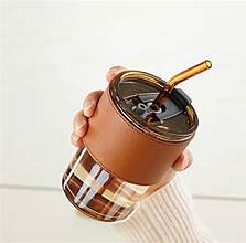 Glass Coffee Mug Leather Strap with White Glass Straw