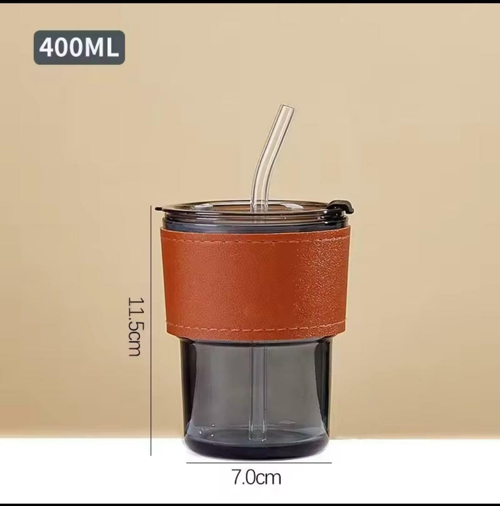 Glass Coffee Mug Leather Strap with White Glass Straw