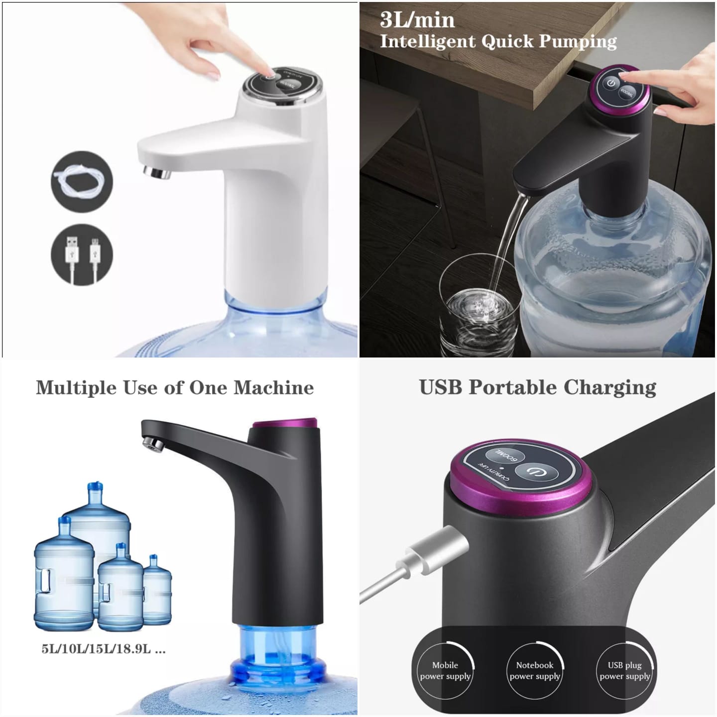 Tap USB Water Pump Gallon Bottle Drinking Switch Touch Control Automatic Water Dispenser Electric Water Pump Button Dispenser USB Charging -  Both Buttons Working