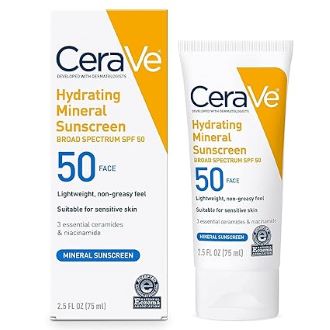 CeraVe Hydrating Mineral Sunscreen SPF 50 Face – Broad Spectrum Protection for Sensitive Skin, Lightweight & Non-Greasy Feel, Formulated with 3 Essential Ceramides and Niacinamide for Healthy Skin Barrier Support