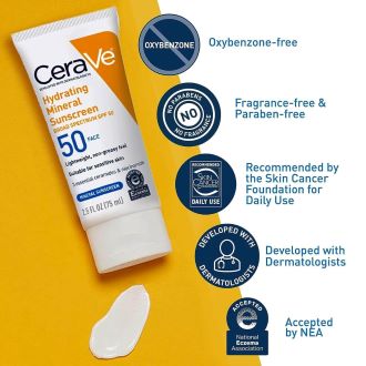 CeraVe Hydrating Mineral Sunscreen SPF 50 Face – Broad Spectrum Protection for Sensitive Skin, Lightweight & Non-Greasy Feel, Formulated with 3 Essential Ceramides and Niacinamide for Healthy Skin Barrier Support